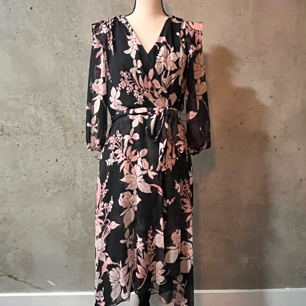 Tommy Hilfiger Navy Floral Wrap Midi Dress with Pink Print